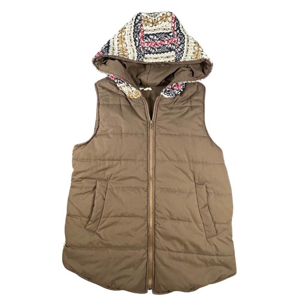 ODDI Quilted Puffer Vest Womens L Brown Aztec Hooded Lined Zip Front IJ10968